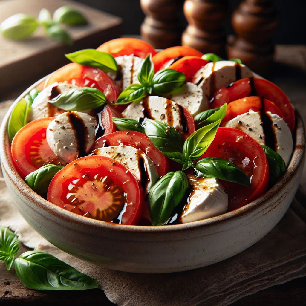 Caprese salad with sliced tomatoes, mozzarella and fresh basil drizzled with olive oil