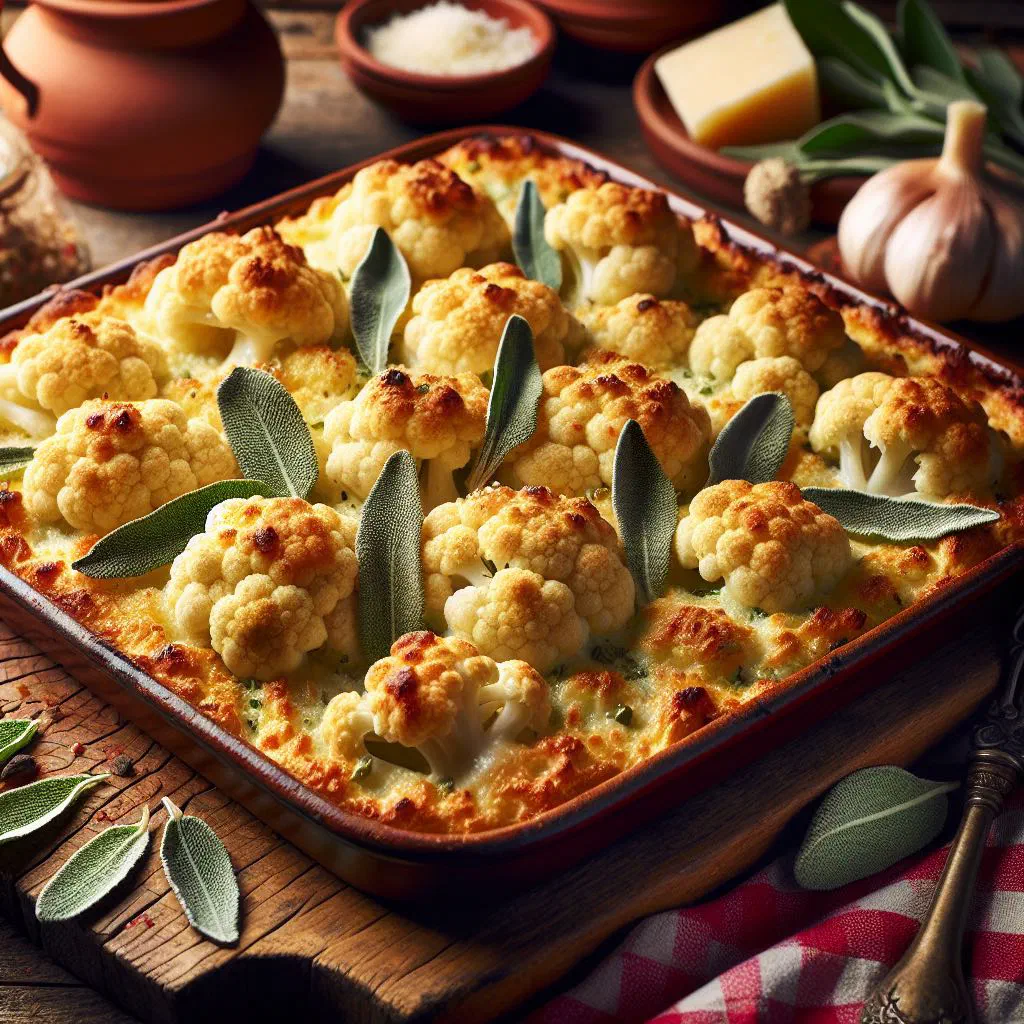 Baked cauliflower gratin with a golden cheese crust in a dish