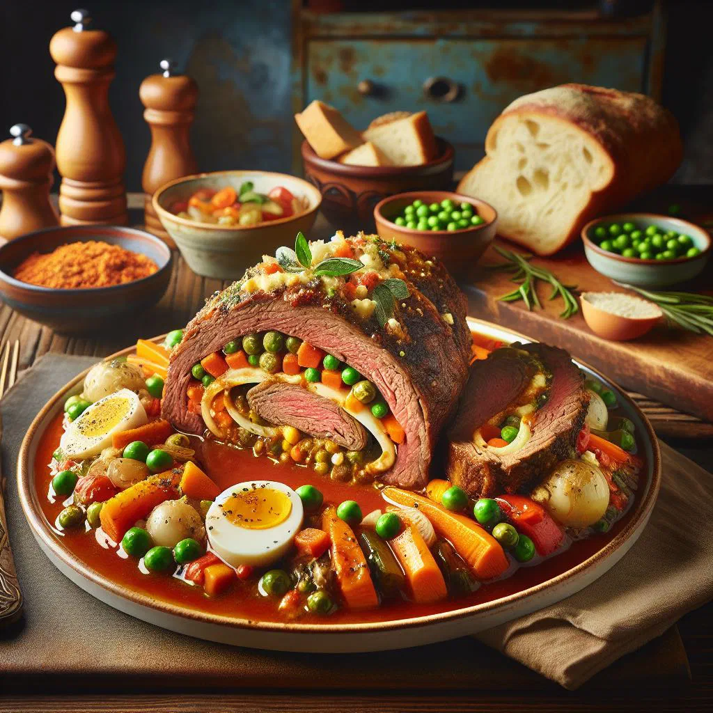 Sliced Cima alla Genovese revealing a colourful vegetable and rice stuffing