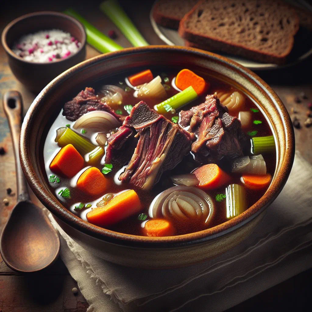 Braised oxtail in a rich tomato and red wine sauce served in a rustic bowl