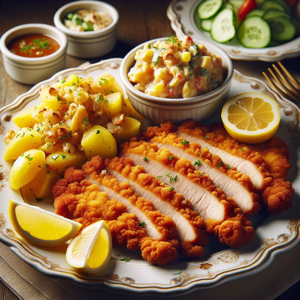 Golden breaded veal cutlet served with lemon wedges