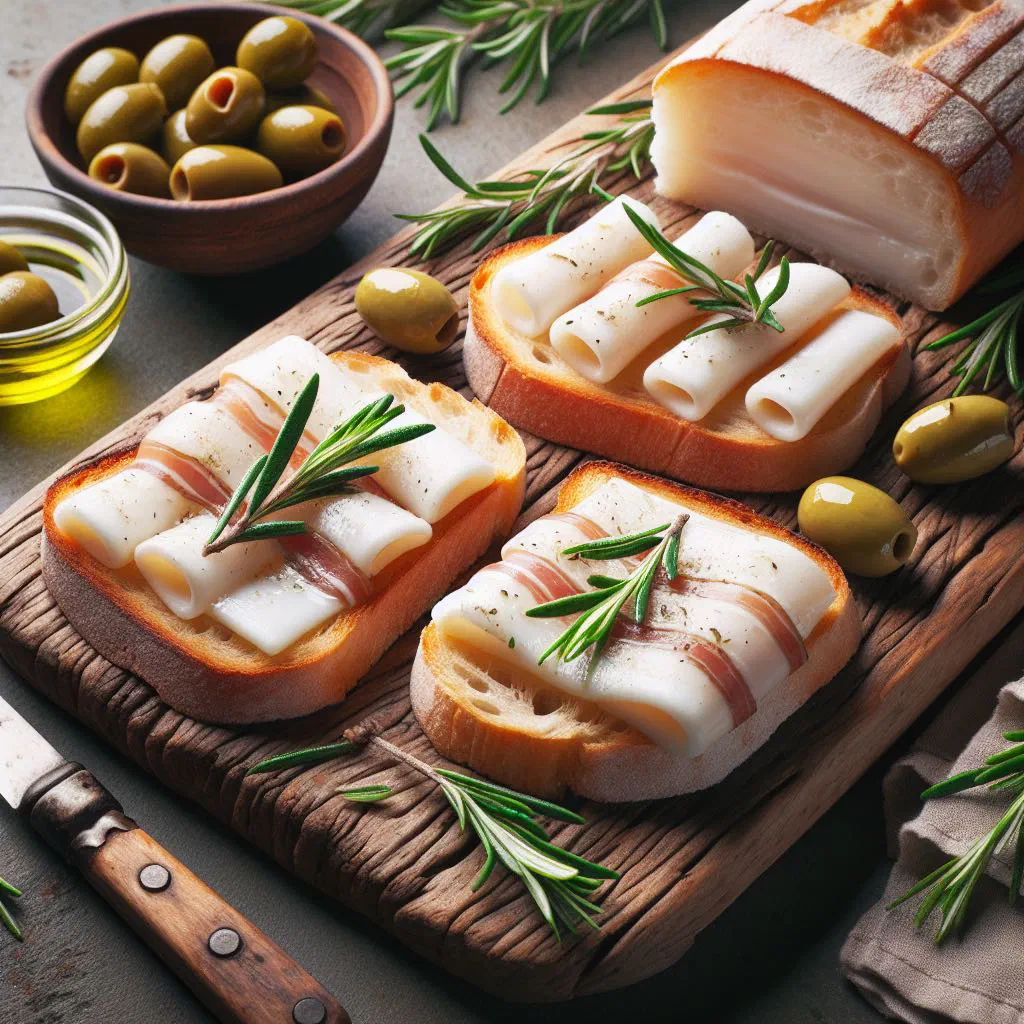 Toasted crostini topped with thin slices of lardo and fresh herbs