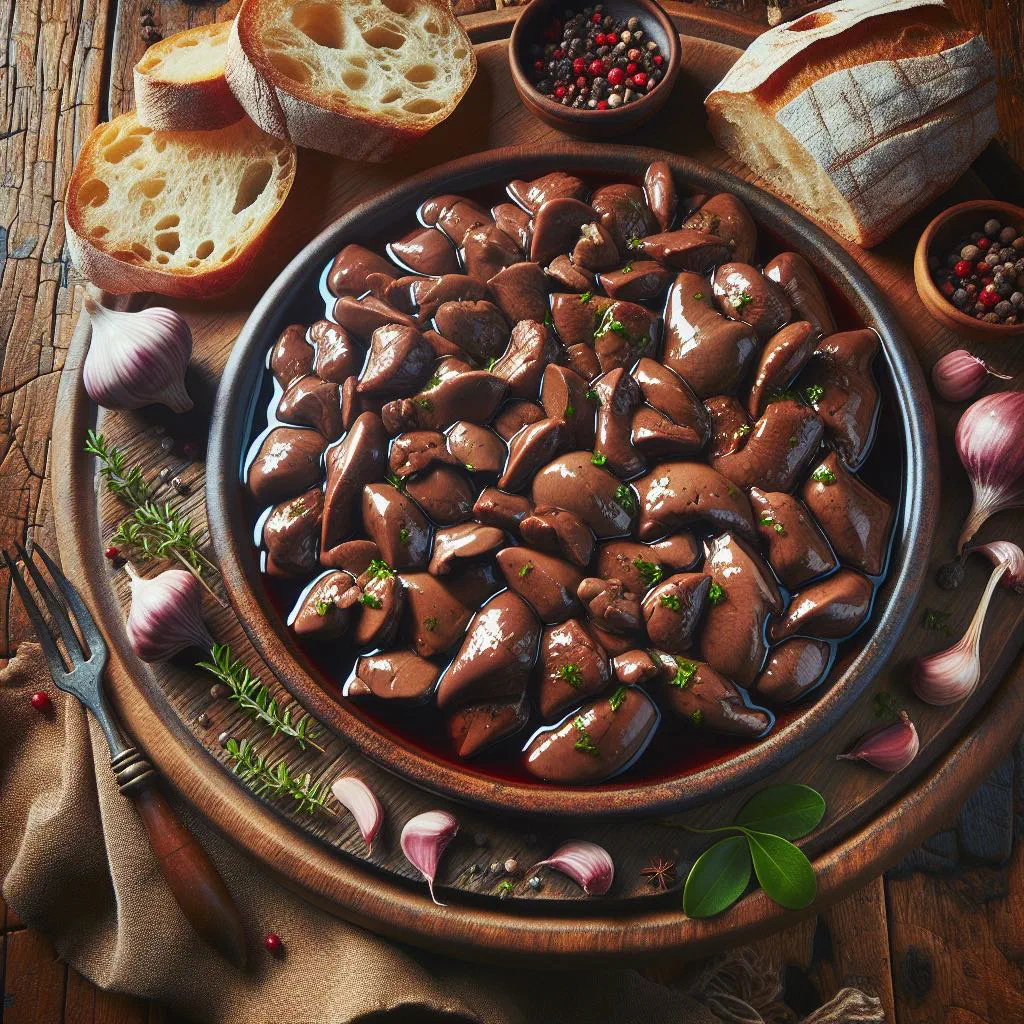 Fegatini Toscani with pan-fried liver and onions served with toasted bread