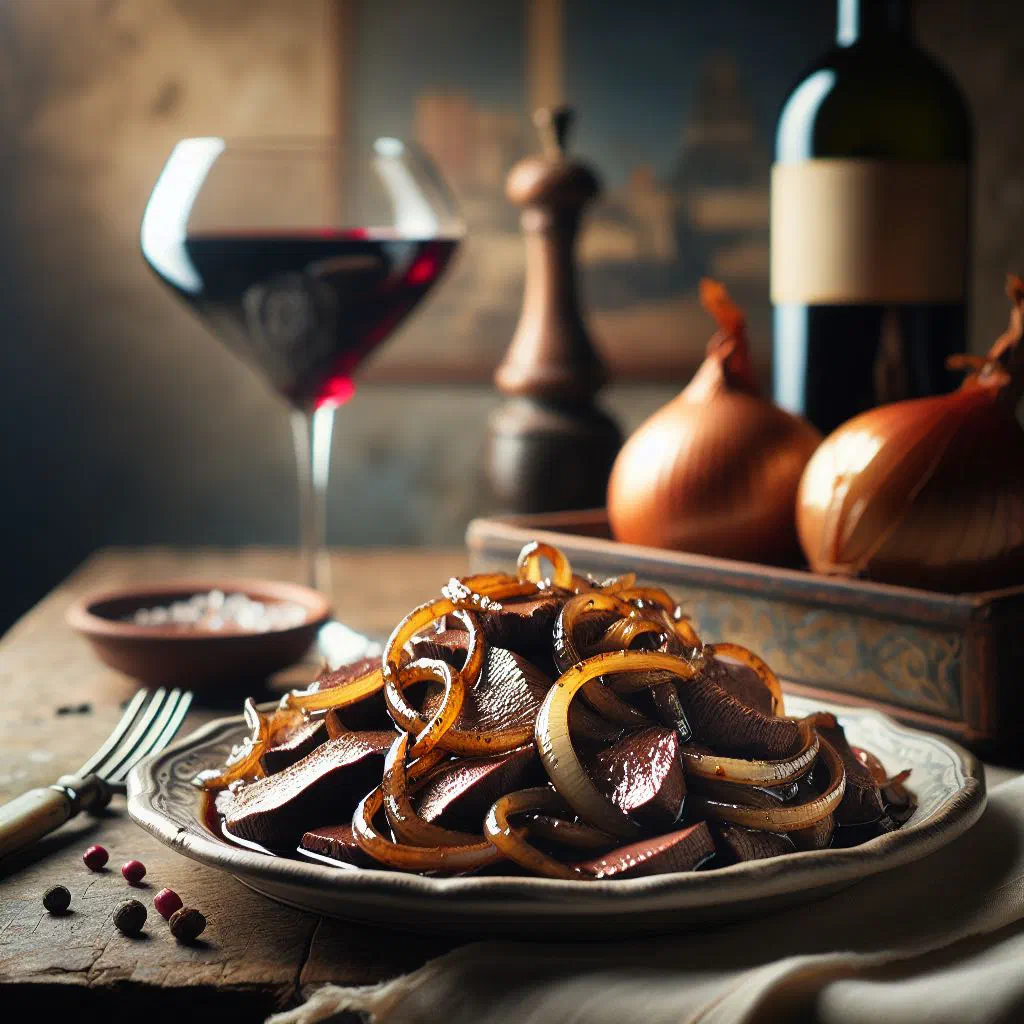 Fegato alla Veneziana with golden onions served alongside soft polenta
