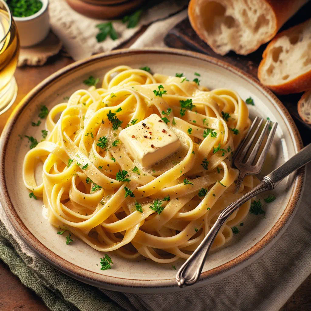 Creamy fettuccine al burro tossed with butter and parmesan, garnished with fresh herbs