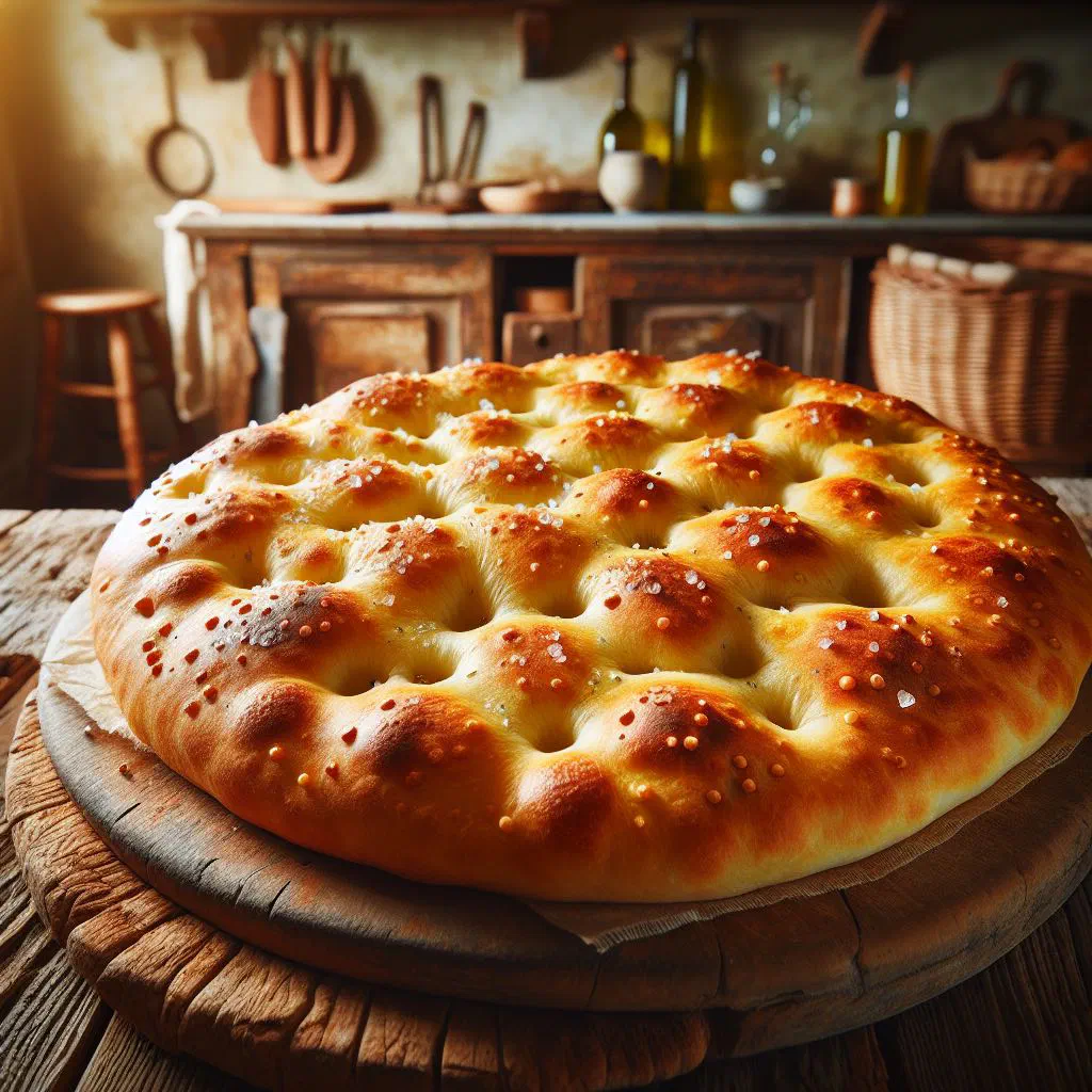 Golden Focaccia Genovese dimpled with olive oil and sprinkled with sea salt