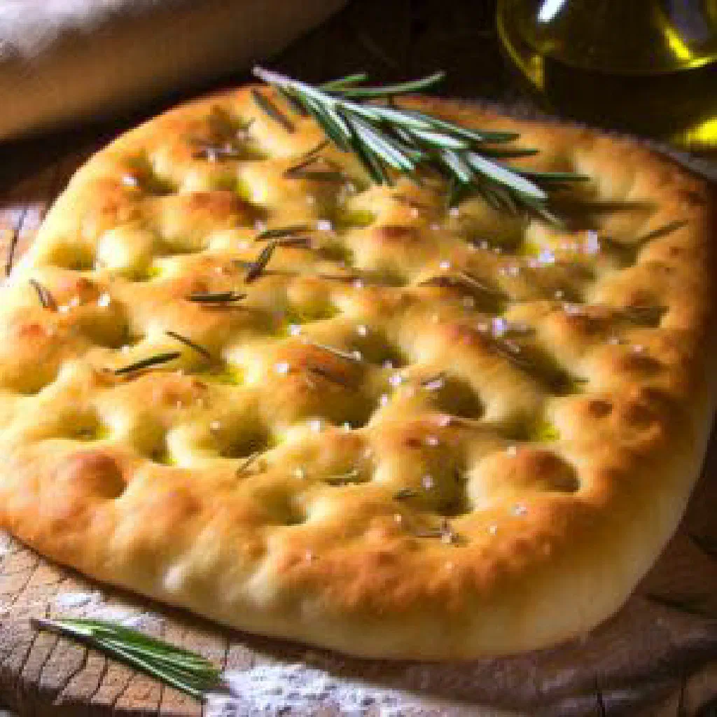 Golden focaccia studded with rosemary and coarse sea salt