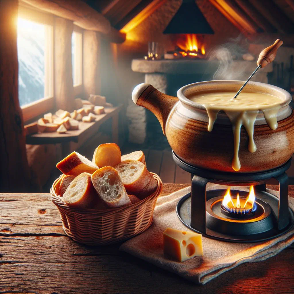 Warm, creamy fonduta alla valdostana in a rustic bowl with crusty bread