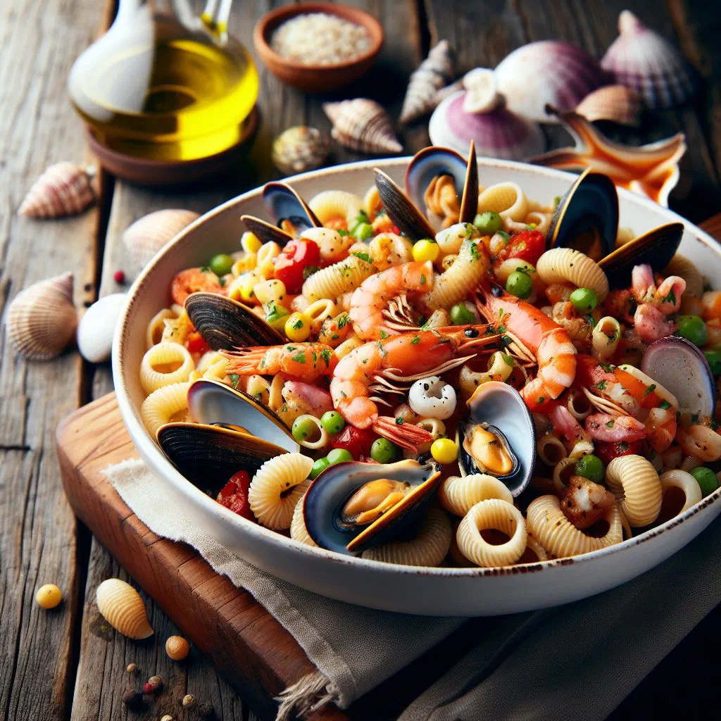 Bowl of fregola with prawns garnished with fresh parsley