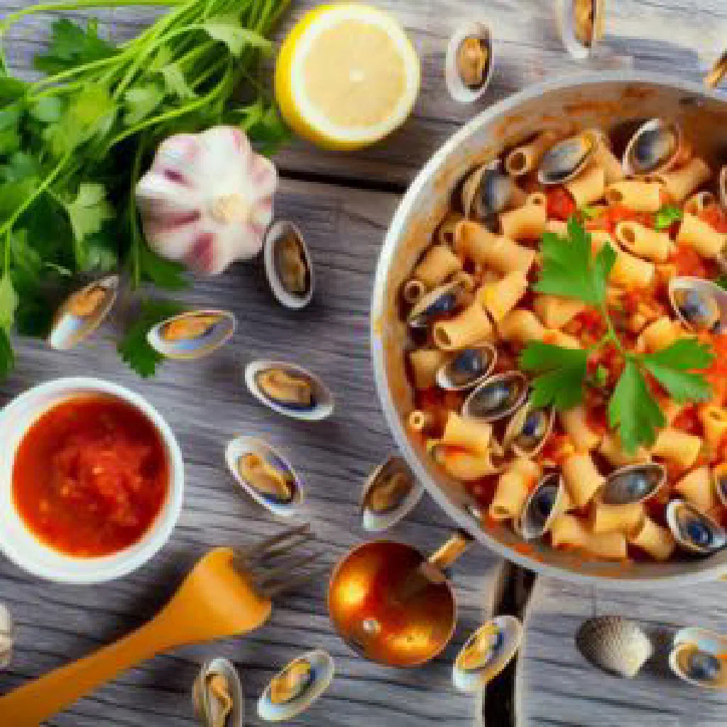 A bowl of fregola con arselle with clams, parsley and lemon
