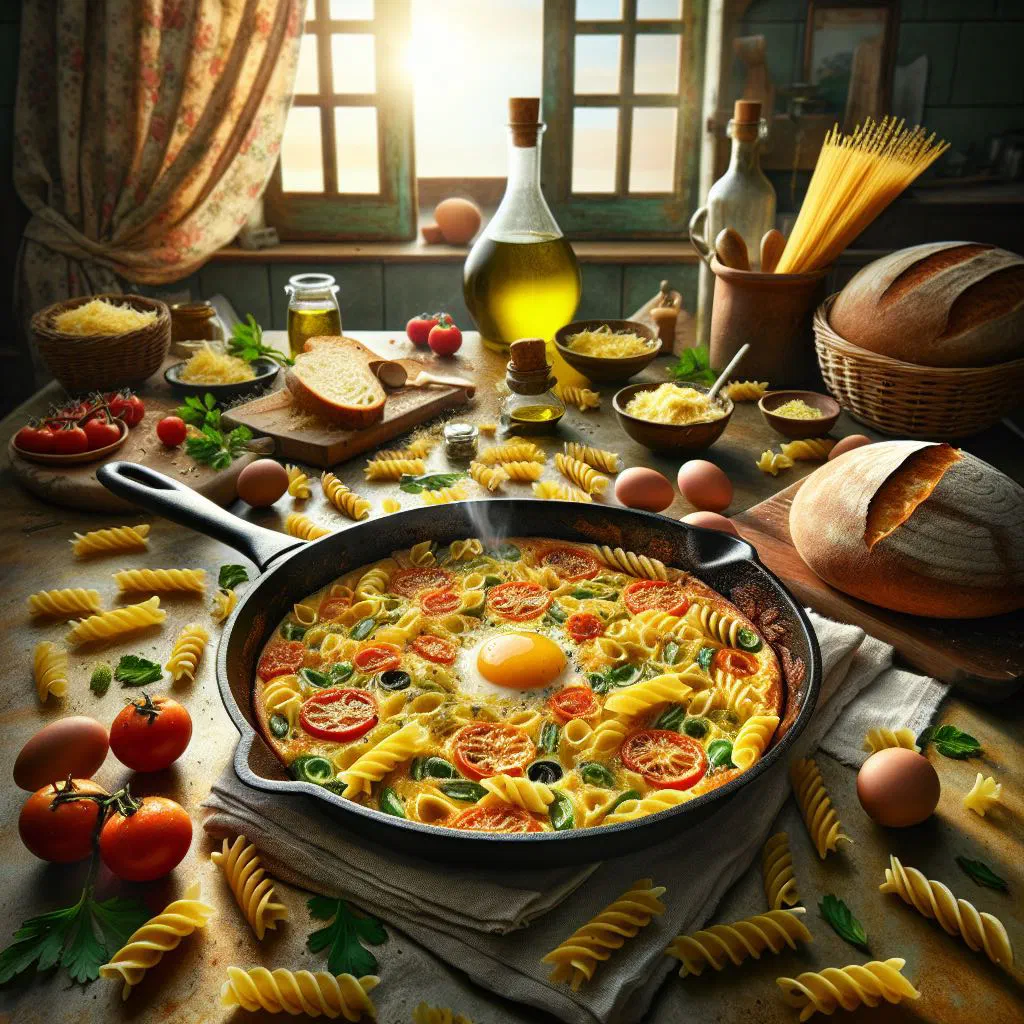 Golden pan-fried frittata di pasta sliced into wedges and garnished with herbs
