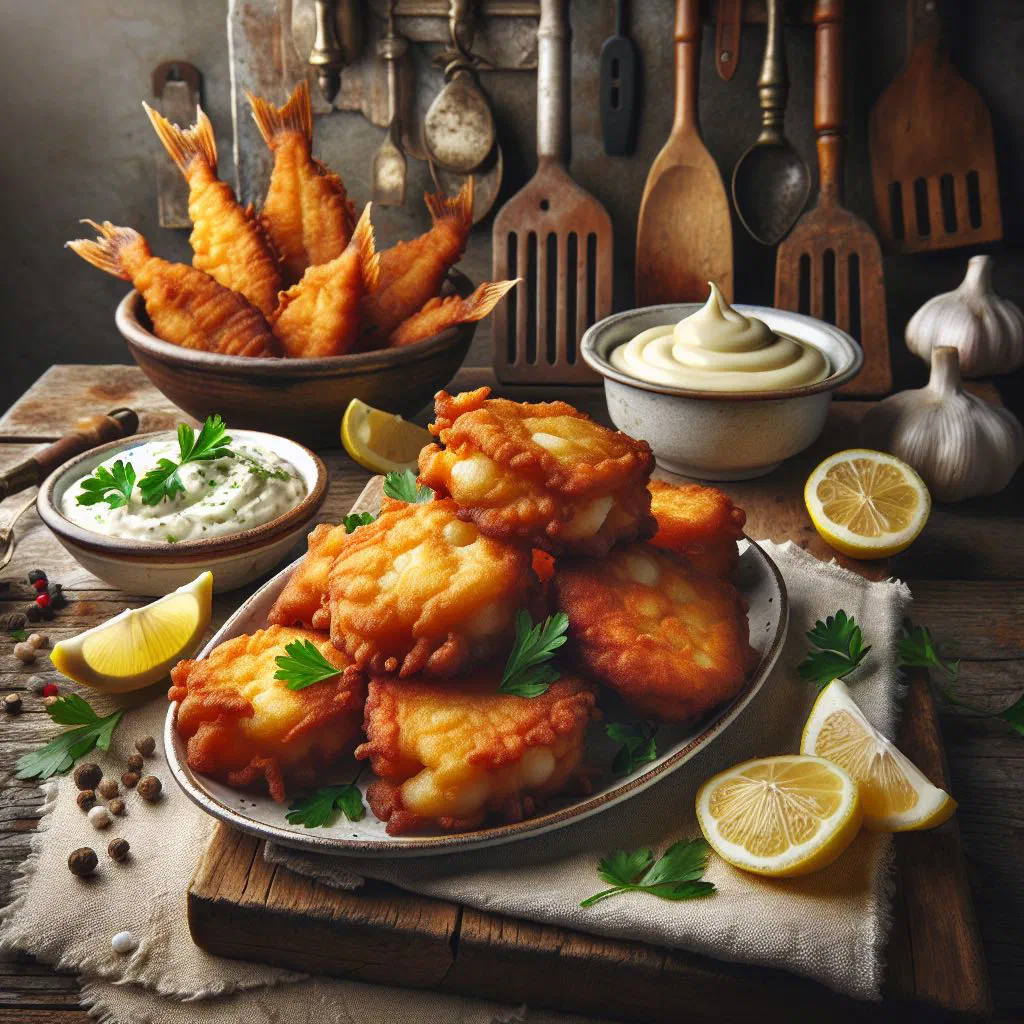 Golden, crisp salt cod fritters arranged on a plate with lemon and parsley
