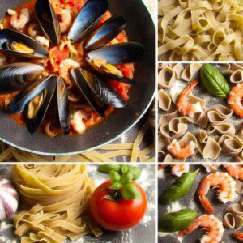 Frutti di mare with prawns, squid and mussels in a tomato and white wine sauce