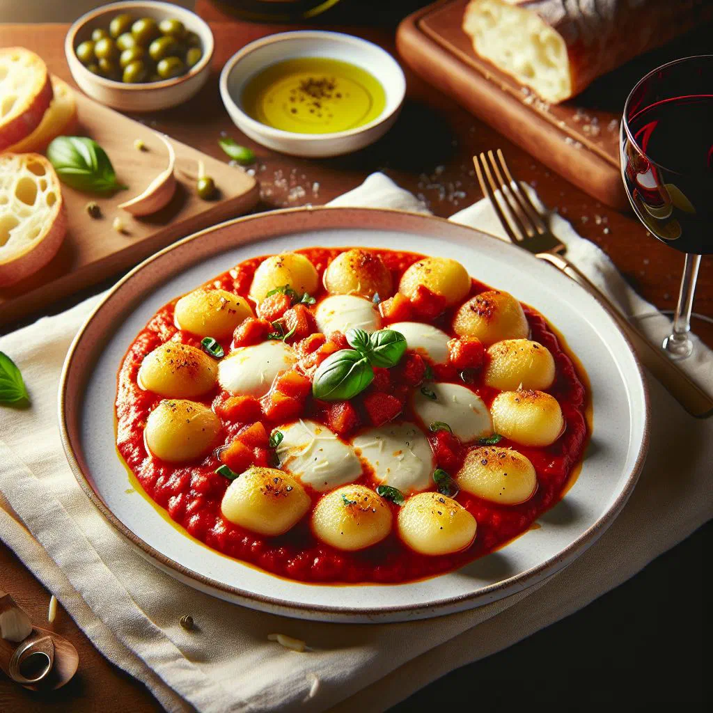 Baked gnocchi alla Sorrentina with melted mozzarella and fresh basil