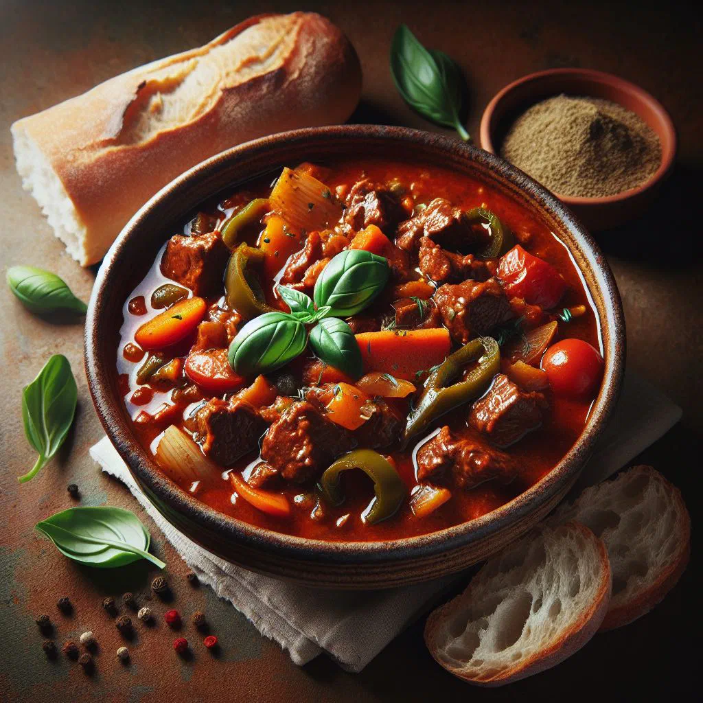 Bowl of Italian-style beef goulash with peppers and tomatoes, garnished with fresh herbs
