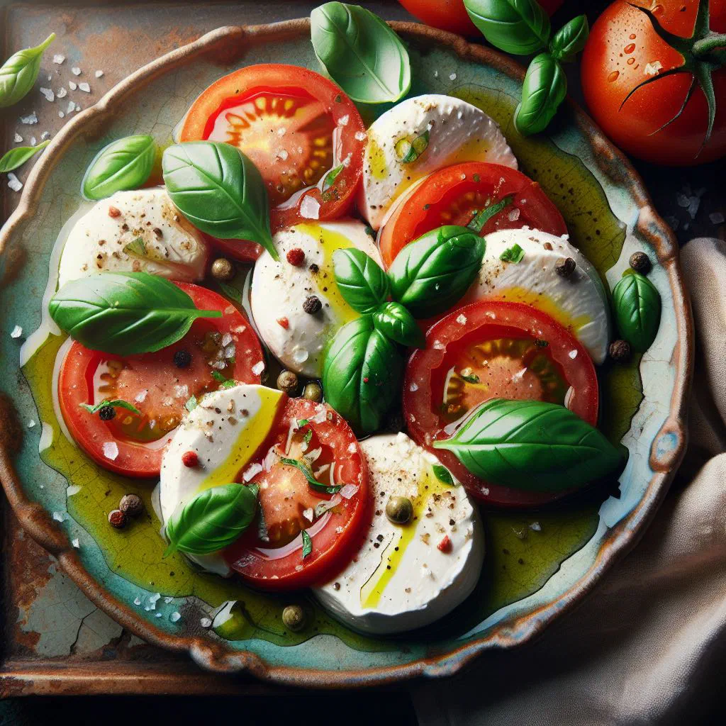 Insalata Caprese with sliced tomatoes, buffalo mozzarella and fresh basil leaves