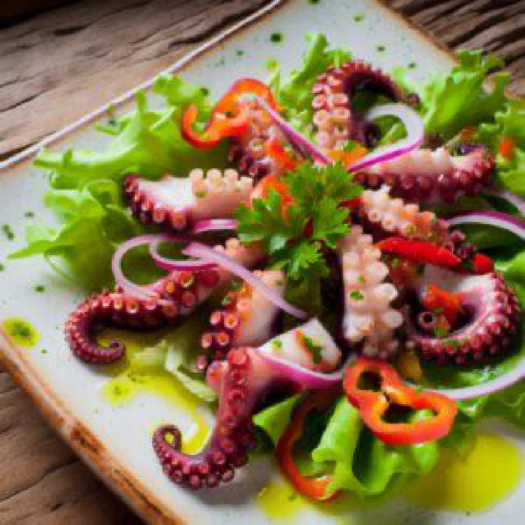 Italian octopus salad with potatoes, cherry tomatoes and parsley
