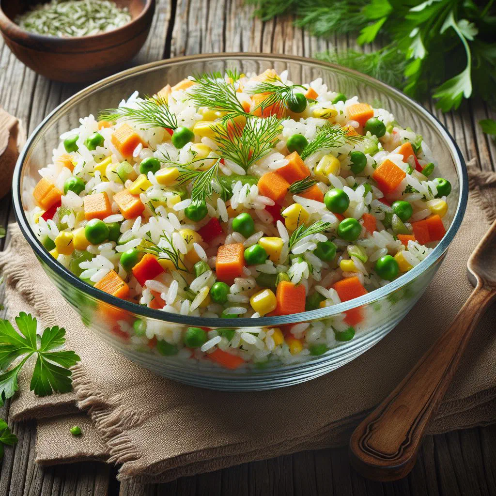 Colourful Italian rice salad with peppers, peas, olives and cherry tomatoes