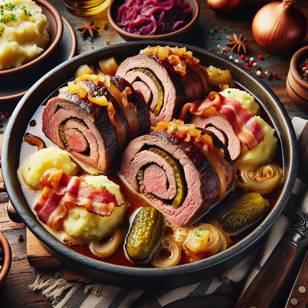 Italian involtini beef rolls simmered in tomato sauce on a plate