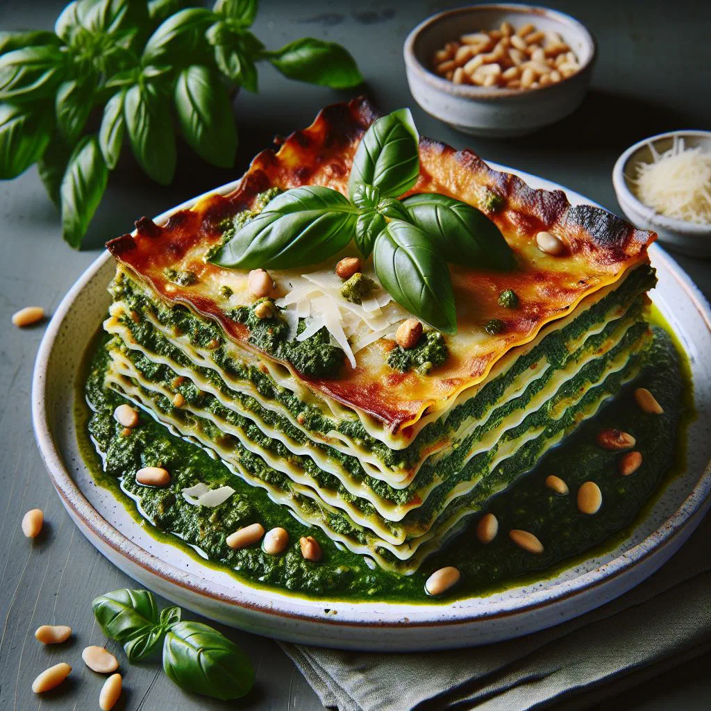 Baked lasagne al pesto topped with melted parmesan and fresh basil