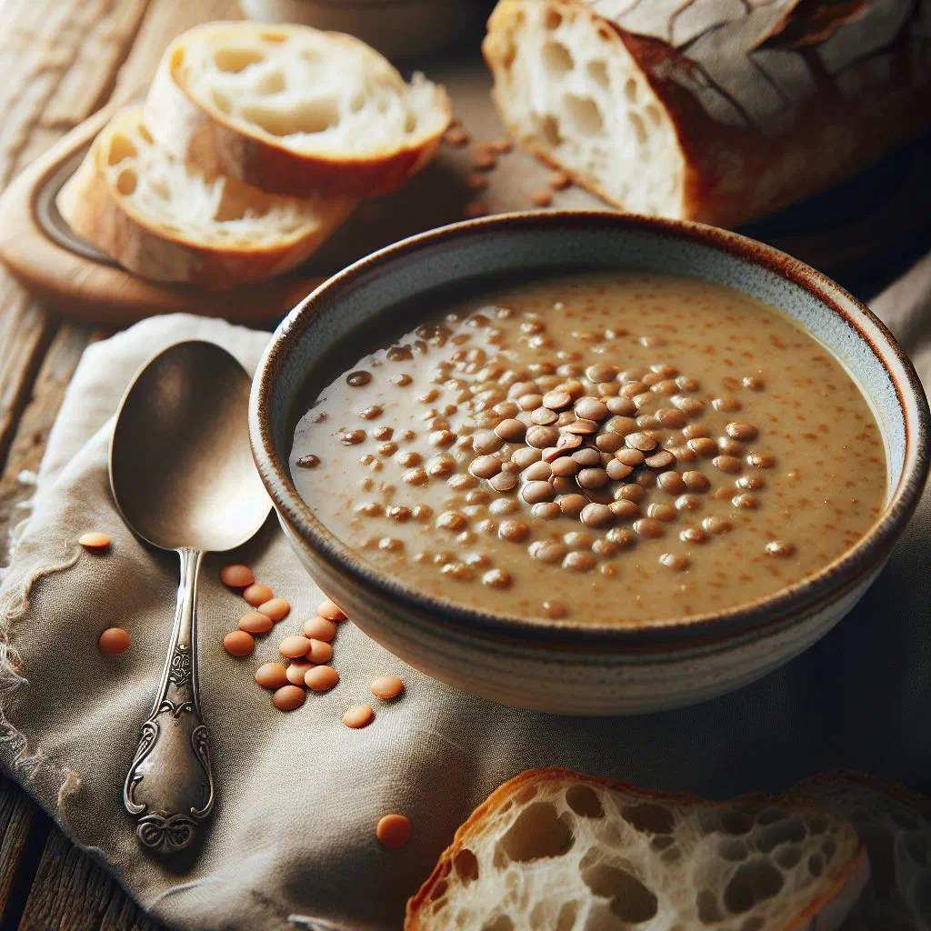 A bowl of creamy lentil soup drizzled with olive oil and fresh herbs