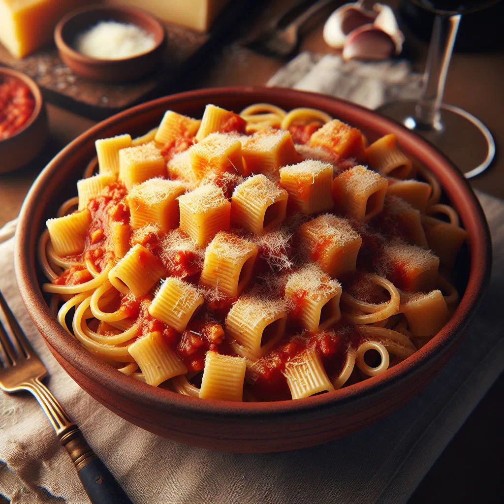 Maccheroni alla chitarra in tomato sauce garnished with fresh basil