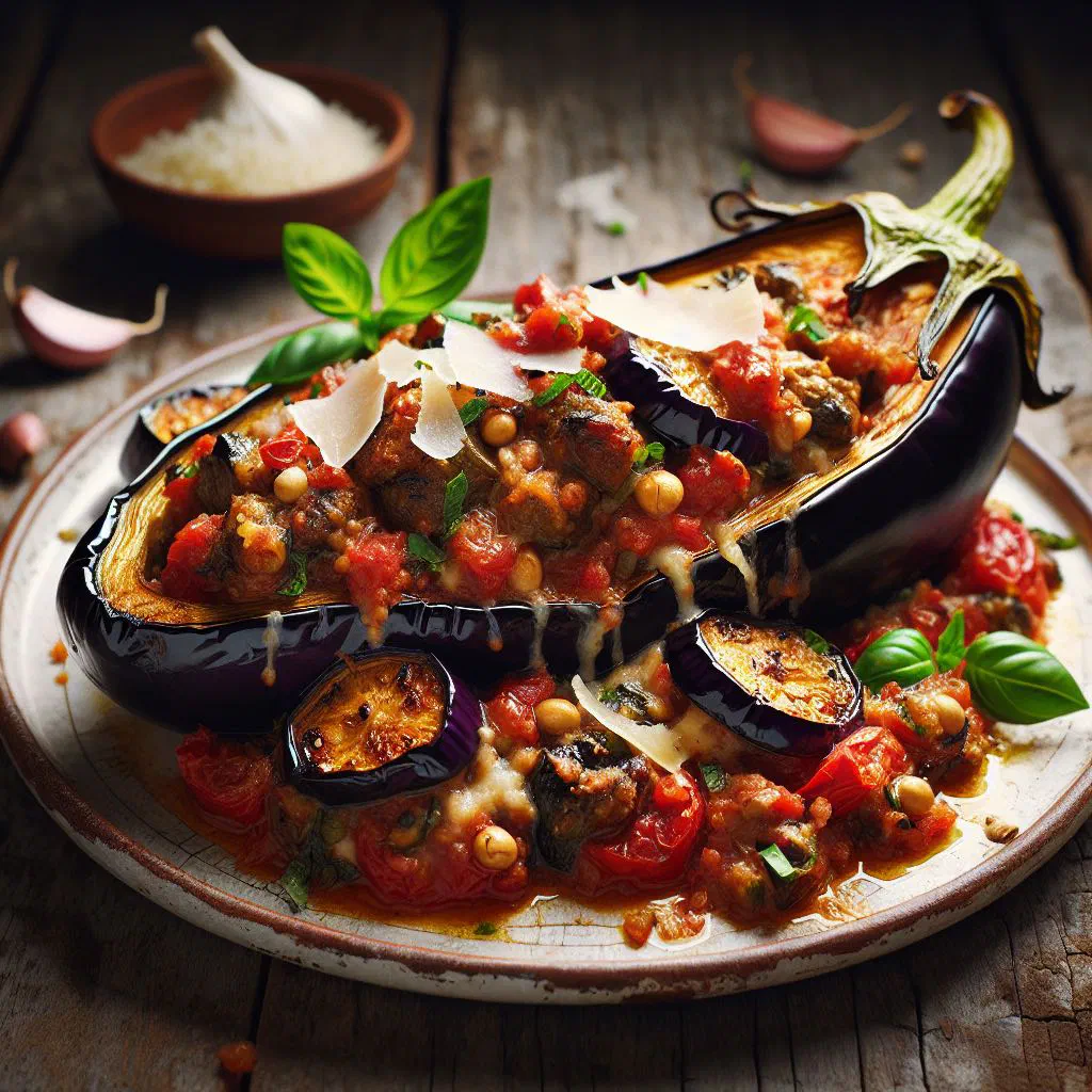 Stuffed aubergine halves baked with tomato sauce and parmesan