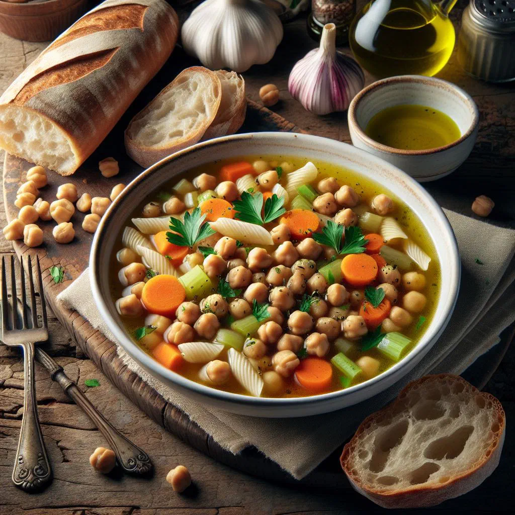 A bowl of Minestra di Ceci chickpea soup drizzled with olive oil and fresh rosemary