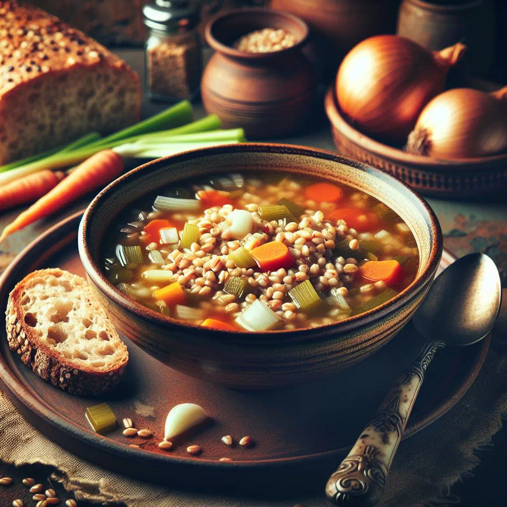 Bowl of Tuscan farro soup with vegetables and fresh herbs