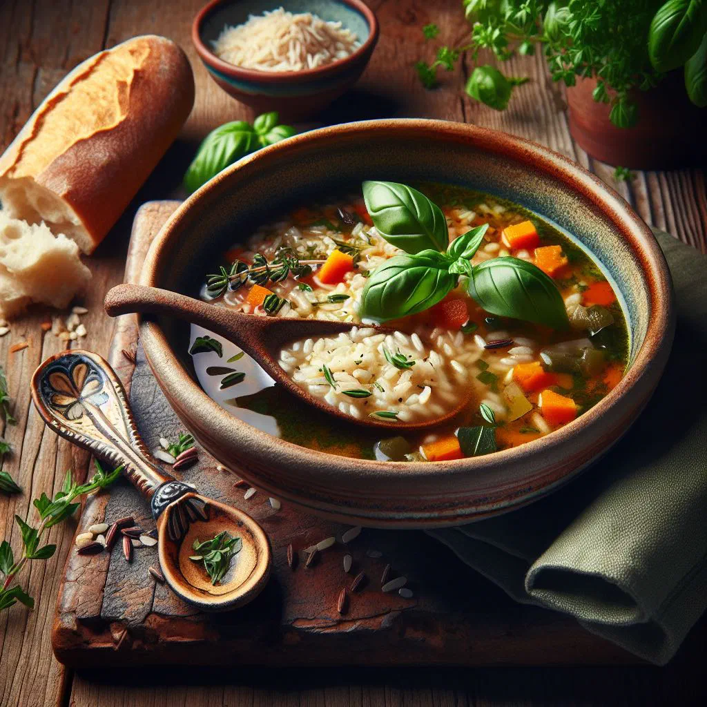 Bowl of Italian rice soup garnished with fresh herbs and grated parmesan