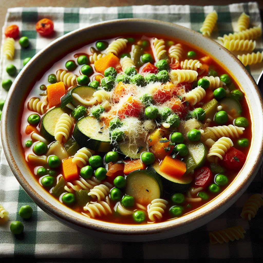 A bowl of minestrone alla milanese garnished with fresh basil