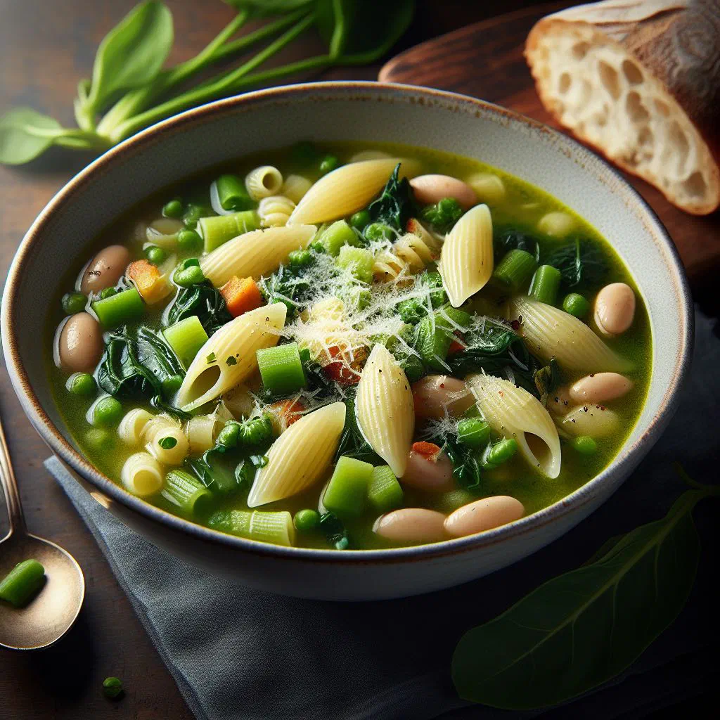 A bowl of green minestrone verde garnished with fresh herbs