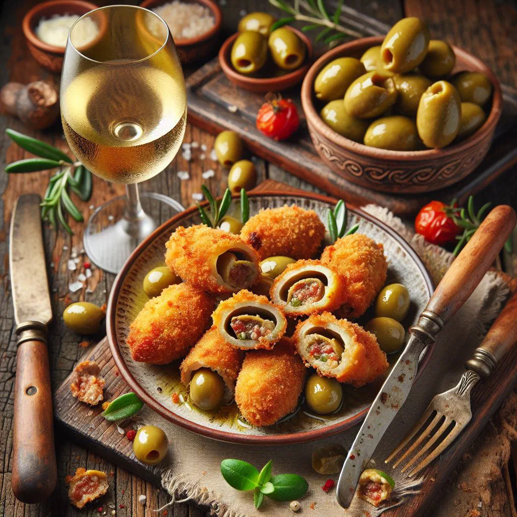 Golden, crisp-coated olive ascolane stuffed with minced meat