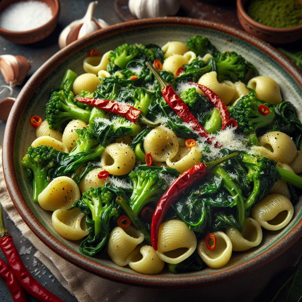 Orecchiette pasta tossed with turnip tops and garlic in a bowl