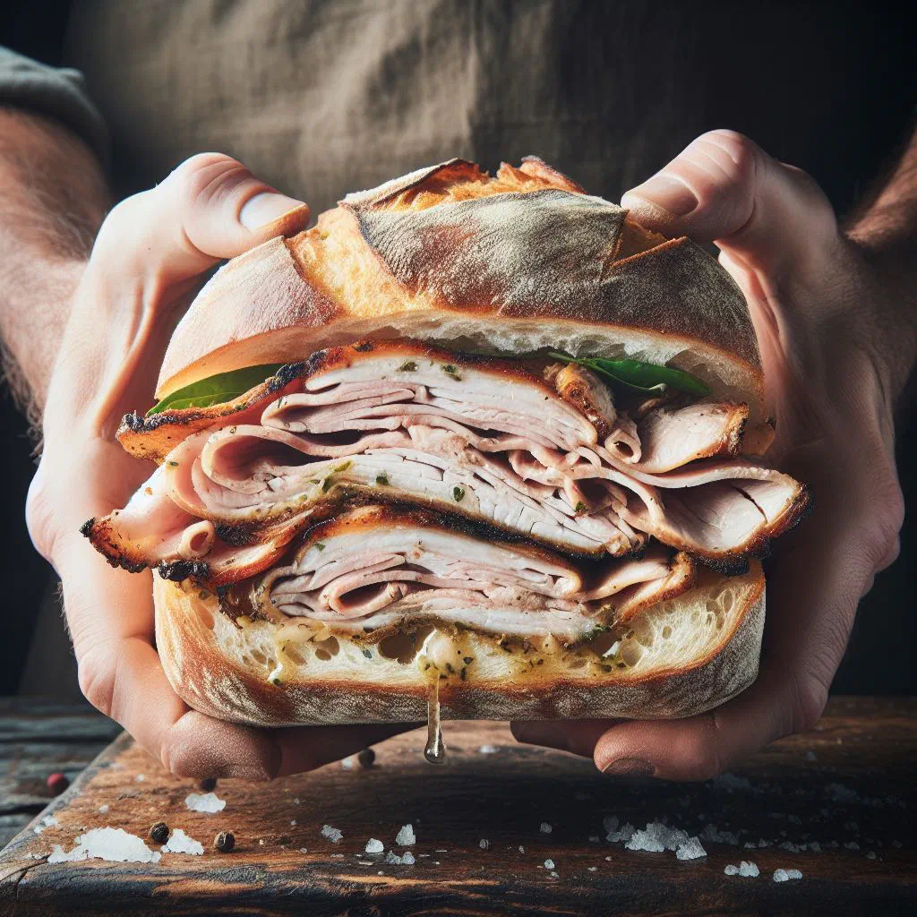 Panino con porchetta filled with sliced roast pork in a crusty ciabatta roll
