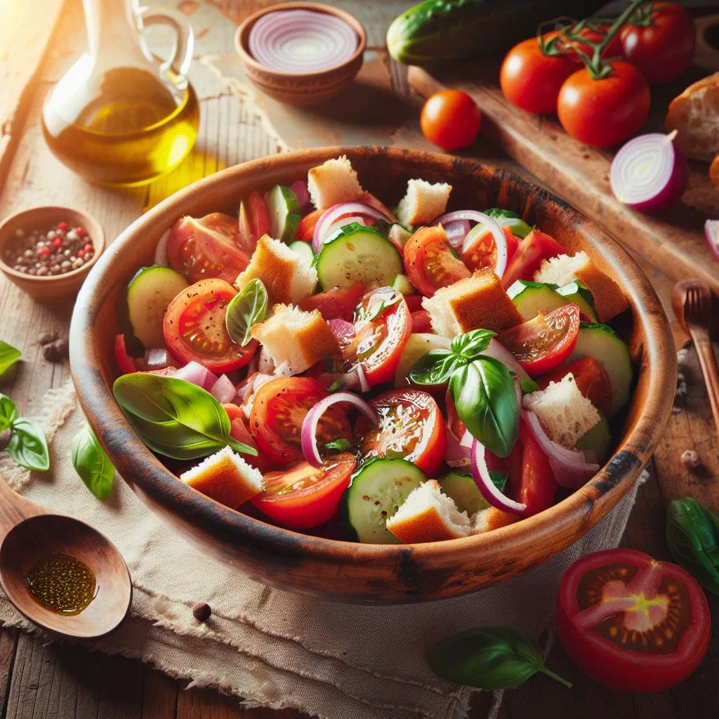 Tuscan panzanella bread salad with tomatoes, cucumber and fresh basil