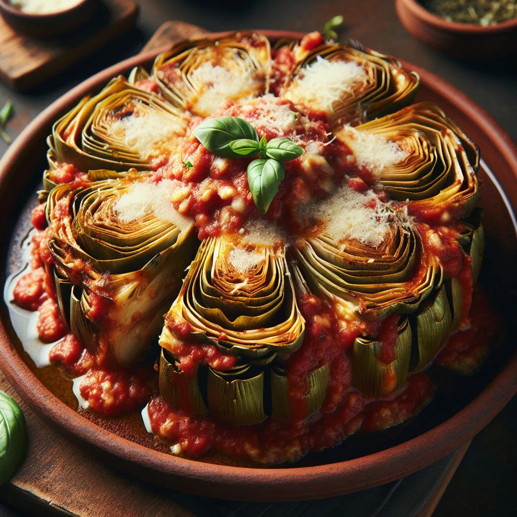Baked parmigiana di carciofi with artichokes, tomato sauce and golden melted cheese