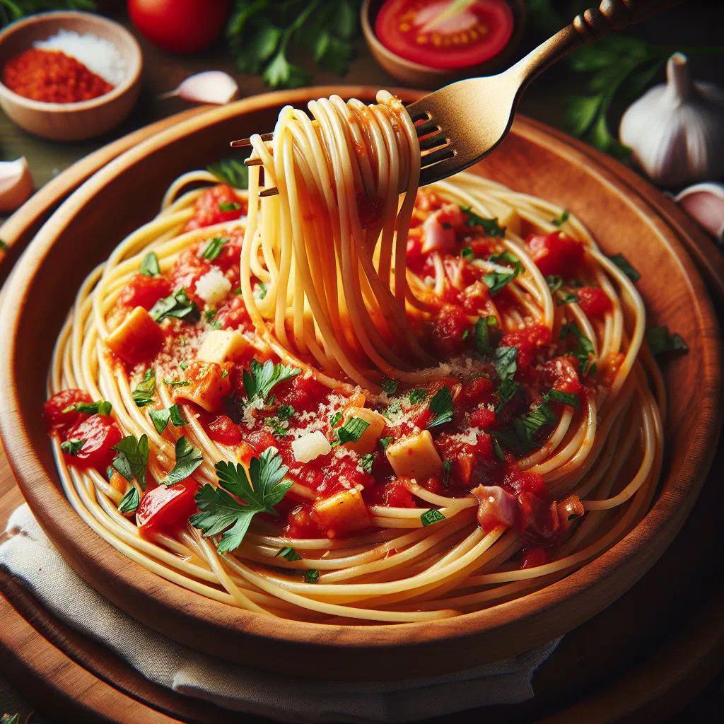 Spaghetti tossed in a fresh tomato, garlic and chilli sauce, garnished with parsley