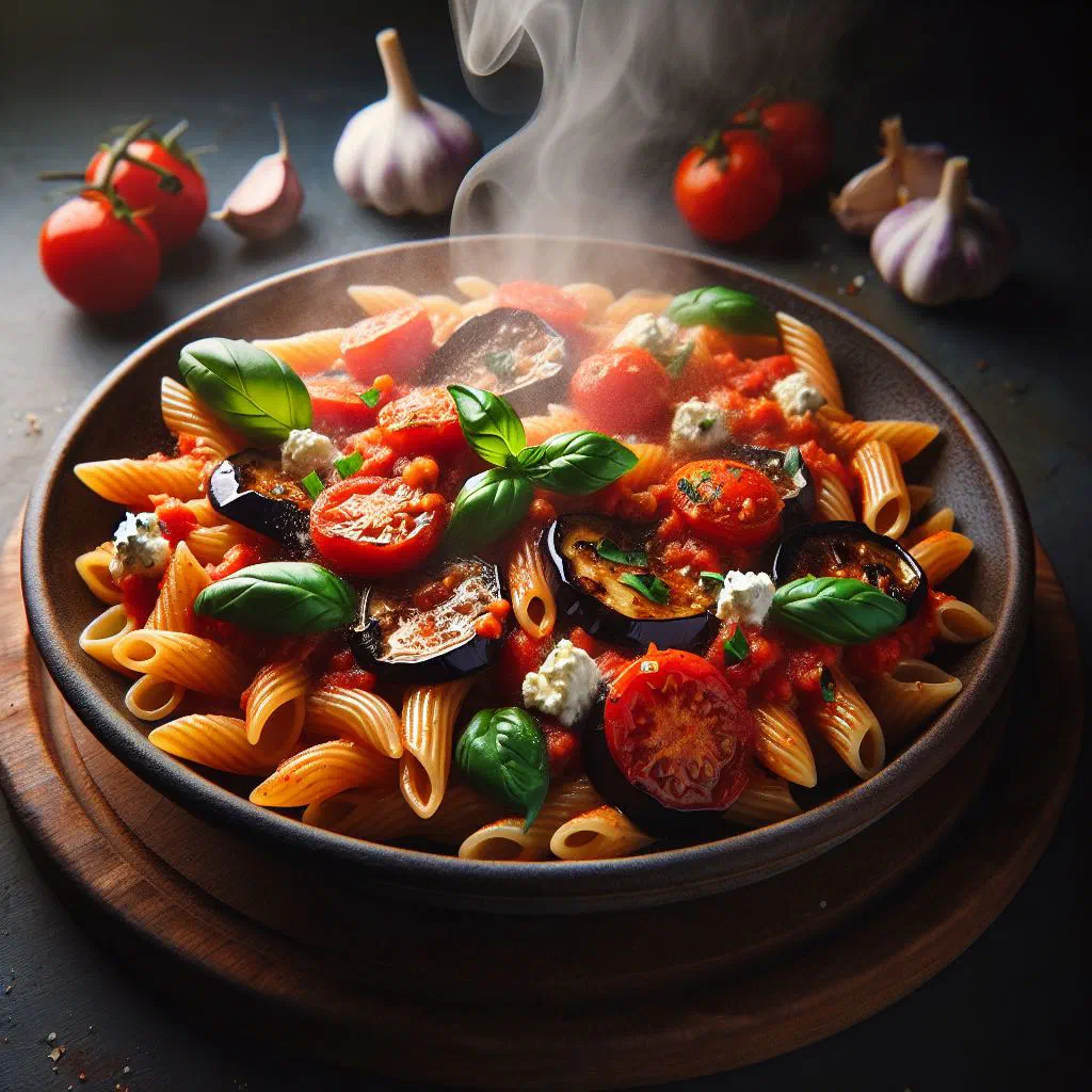 Pasta alla Norma with tomato sauce, fried aubergine and a spoonful of ricotta