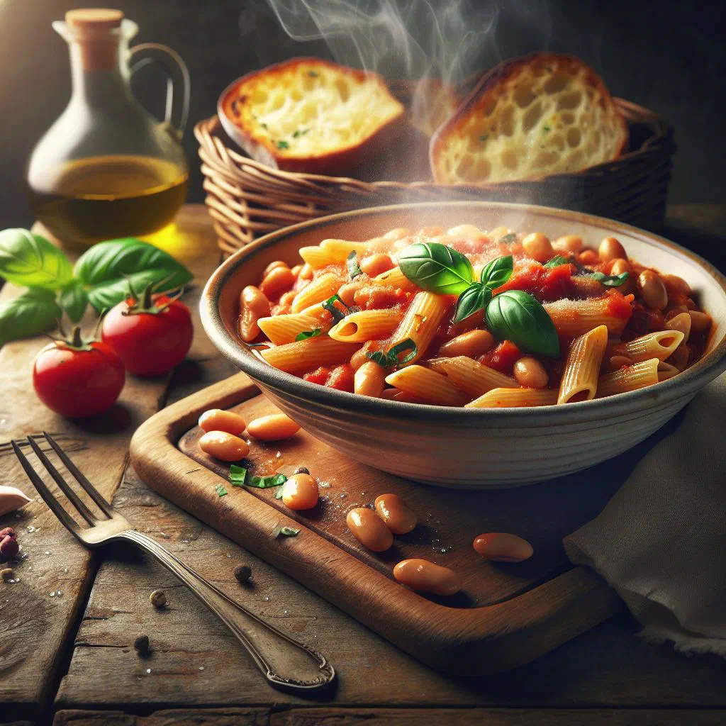 Bowl of pasta e fagioli with cannellini beans, small pasta and fresh basil