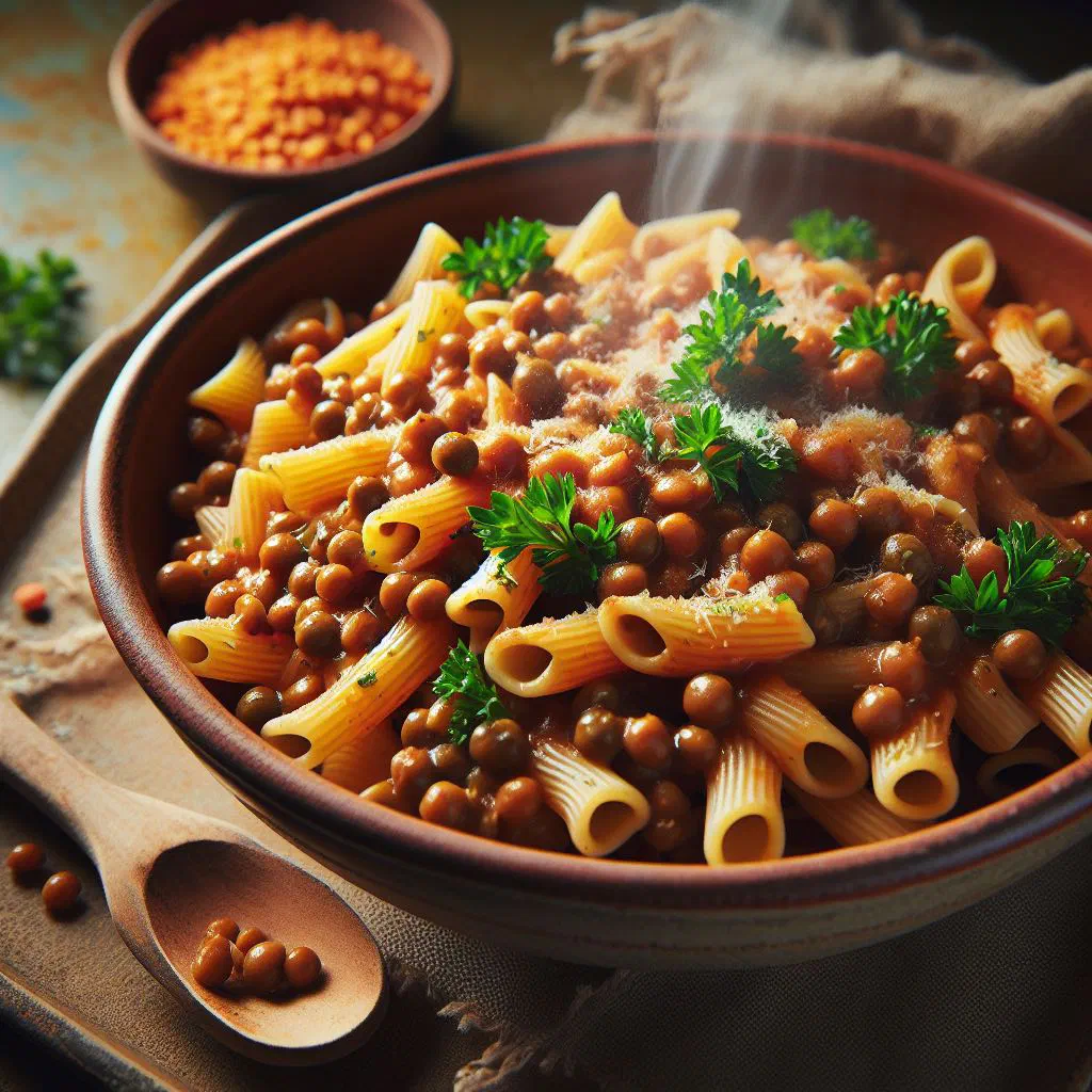 Bowl of pasta e lenticchie with tender lentils in tomato sauce, garnished with basil