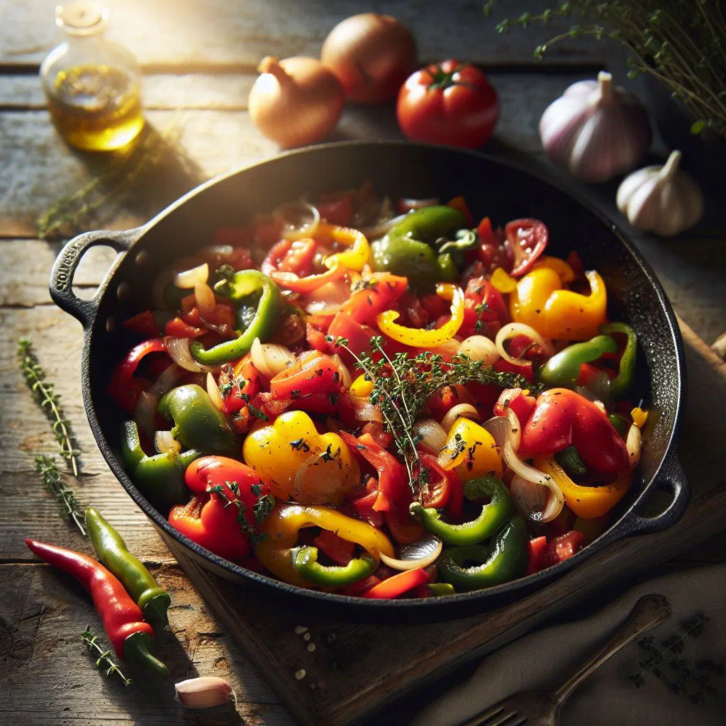 Peperonata of stewed red, yellow and green peppers with tomatoes and basil