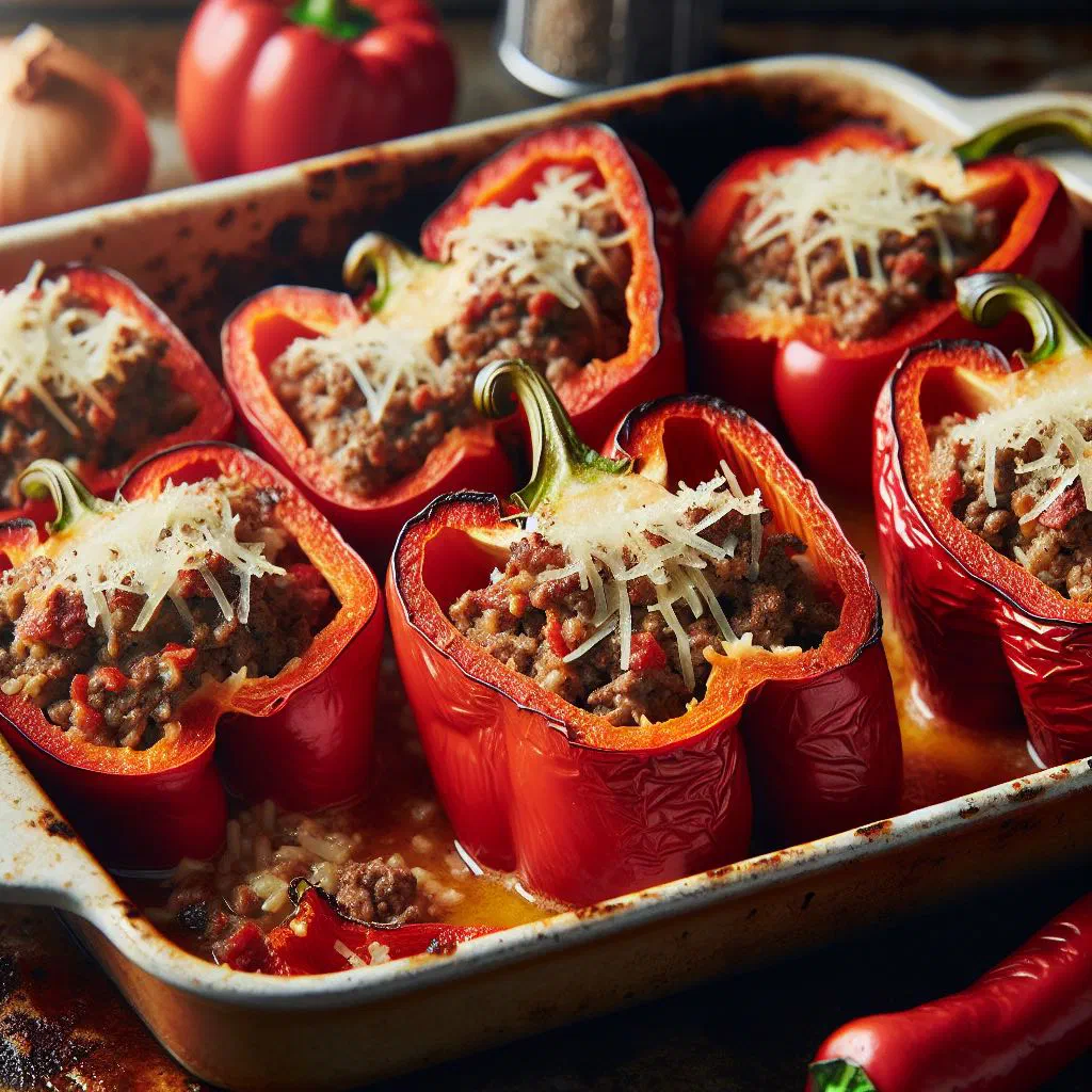 Baked stuffed peppers filled with rice and minced meat, garnished with fresh herbs