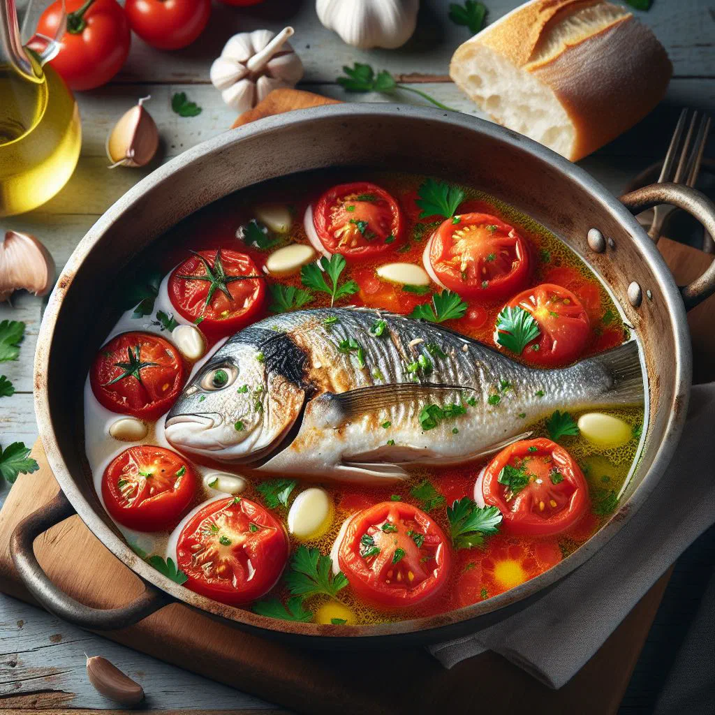 Whole fish poached in a tomato and herb broth with lemon slices