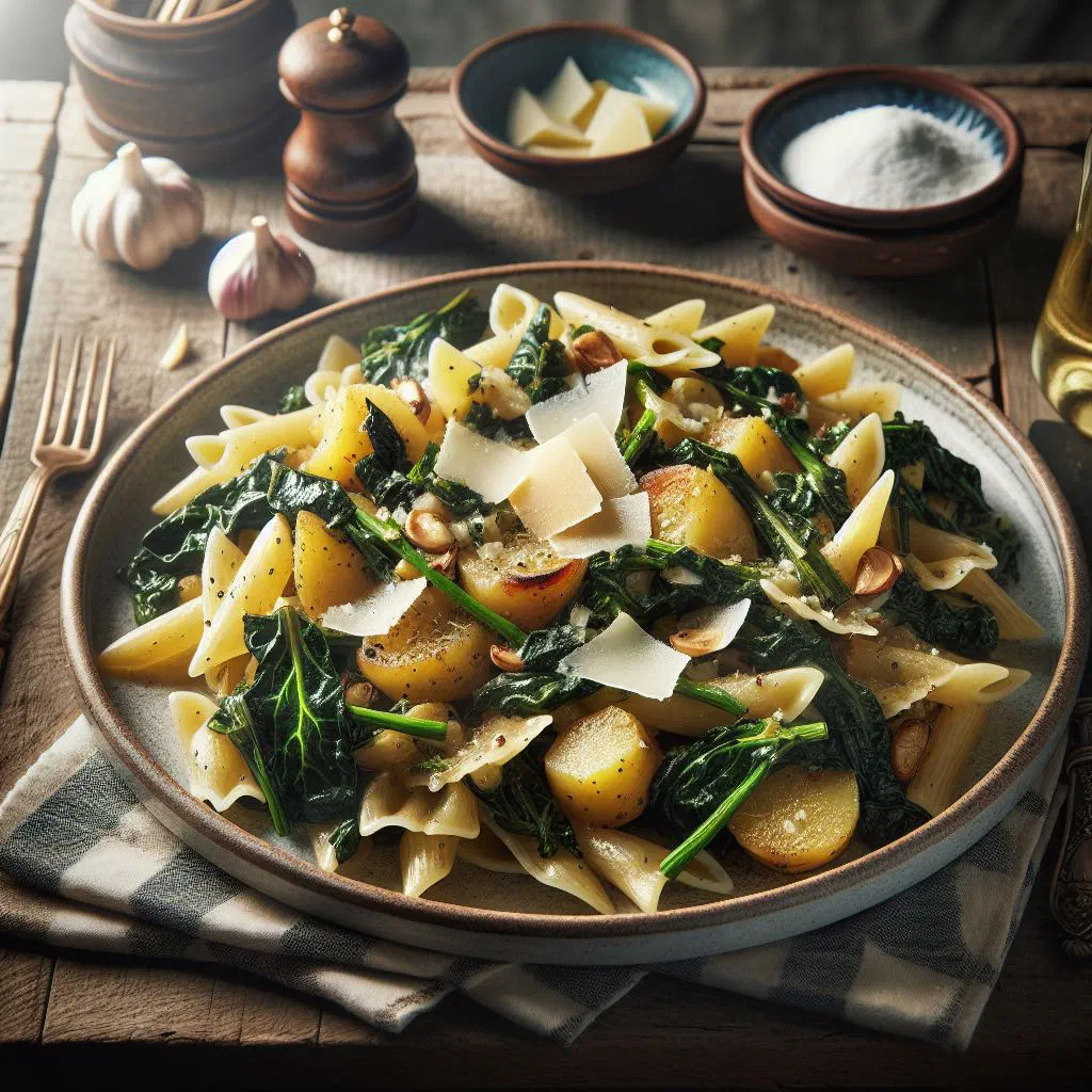 Pizzoccheri buckwheat ribbon pasta with potatoes, savoy cabbage and melted cheese