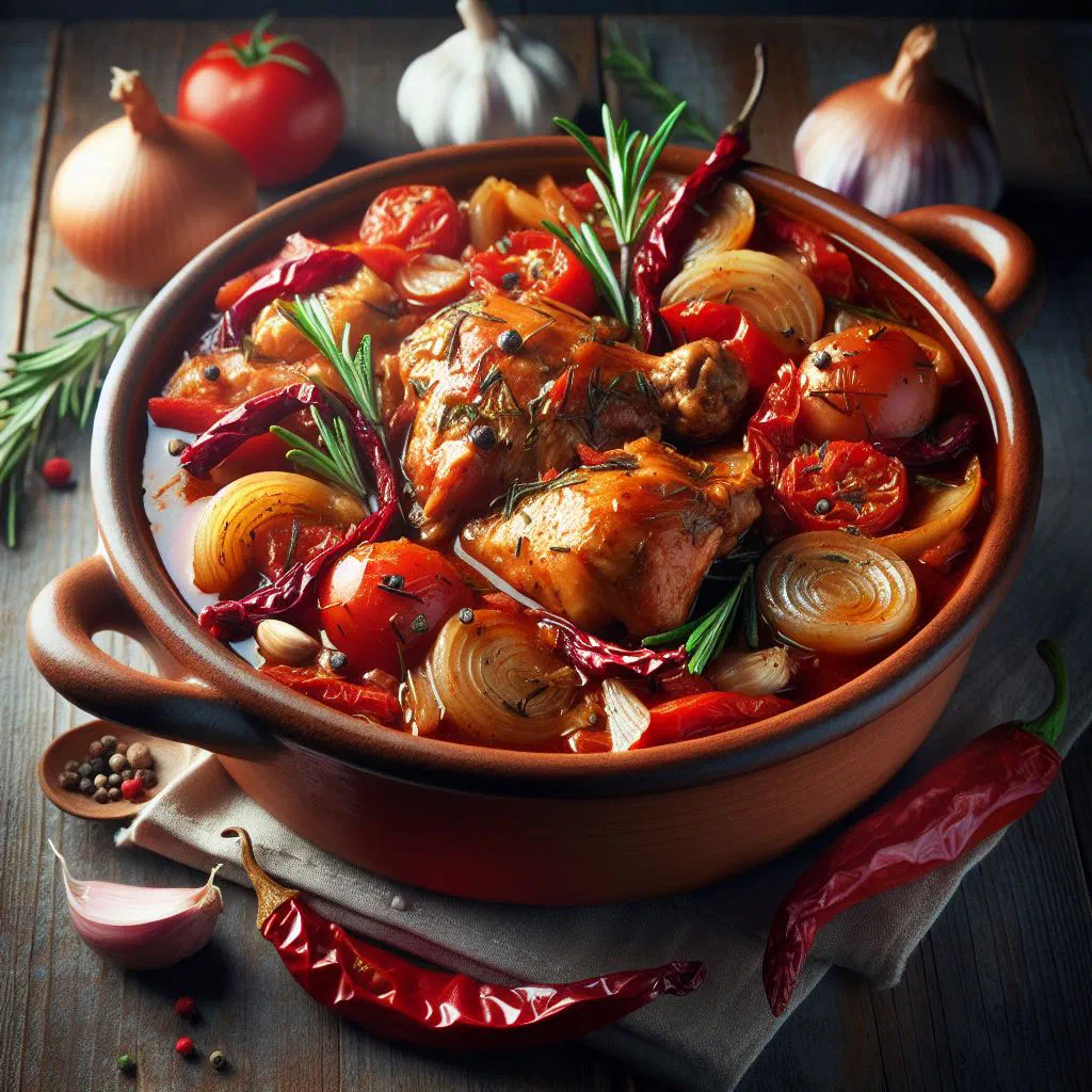 Braised hunter's chicken in a rich tomato and herb sauce