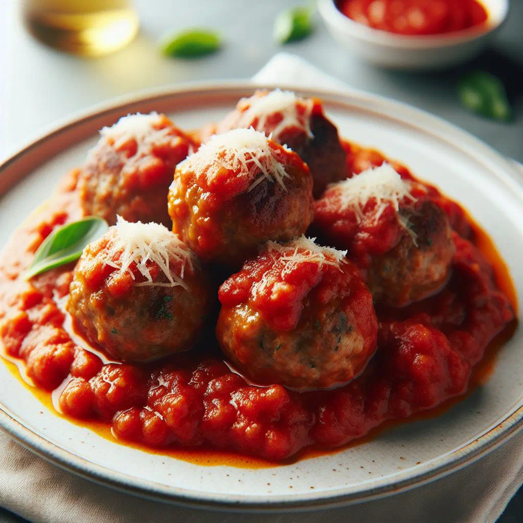 Tender meatballs simmered in rich tomato sauce, garnished with basil