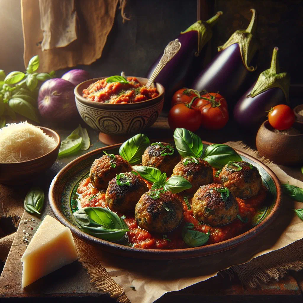 Golden fried aubergine balls served with fresh herbs