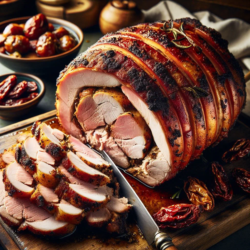 Sliced porchetta with crisp golden crackling on a wooden board