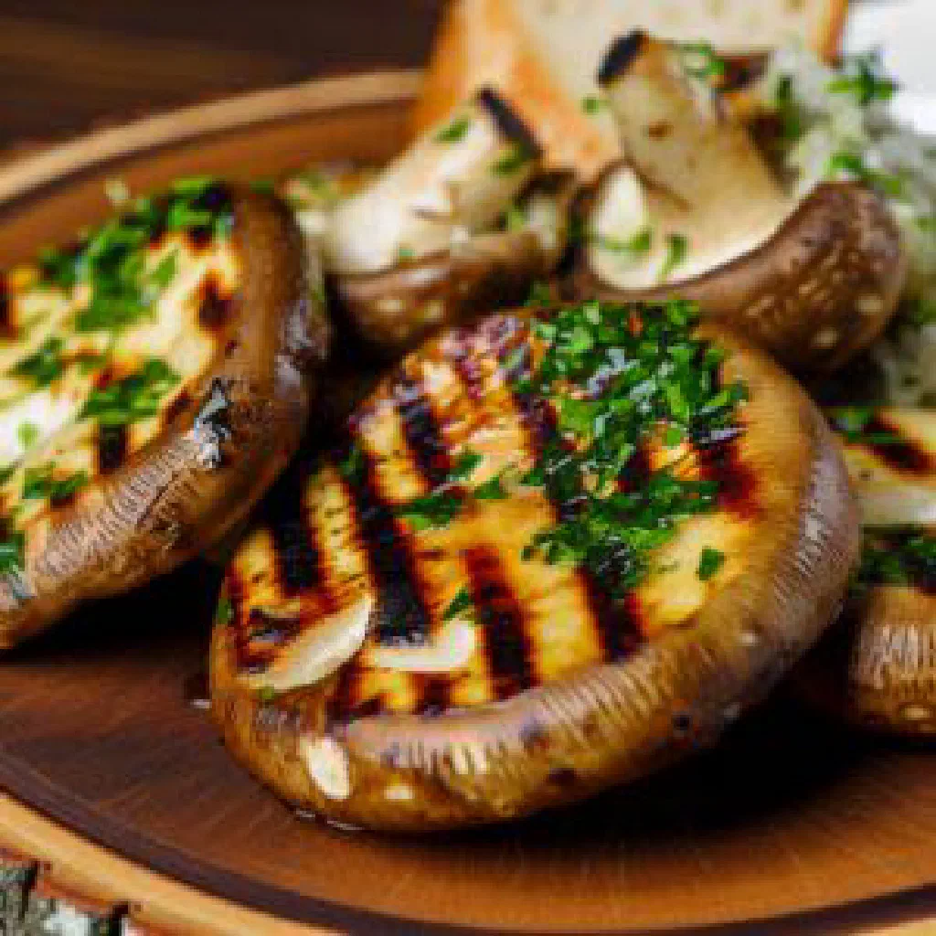 Grilled porcini mushroom slices with garlic, thyme and a drizzle of olive oil